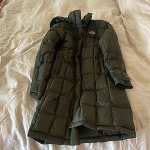 North face long puffer dark green